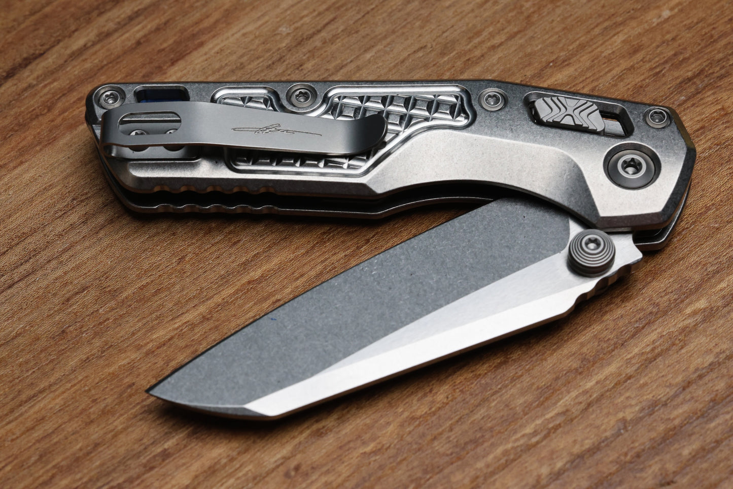 MICROTECH MARFIONE SELECT MSI RAM LOK MINI FLUTED TITANIUM HANDLES W/ BLUE/DOUBLE VAPOR ACCENTS & STONEWASH M390MK 210M-10FRMS3