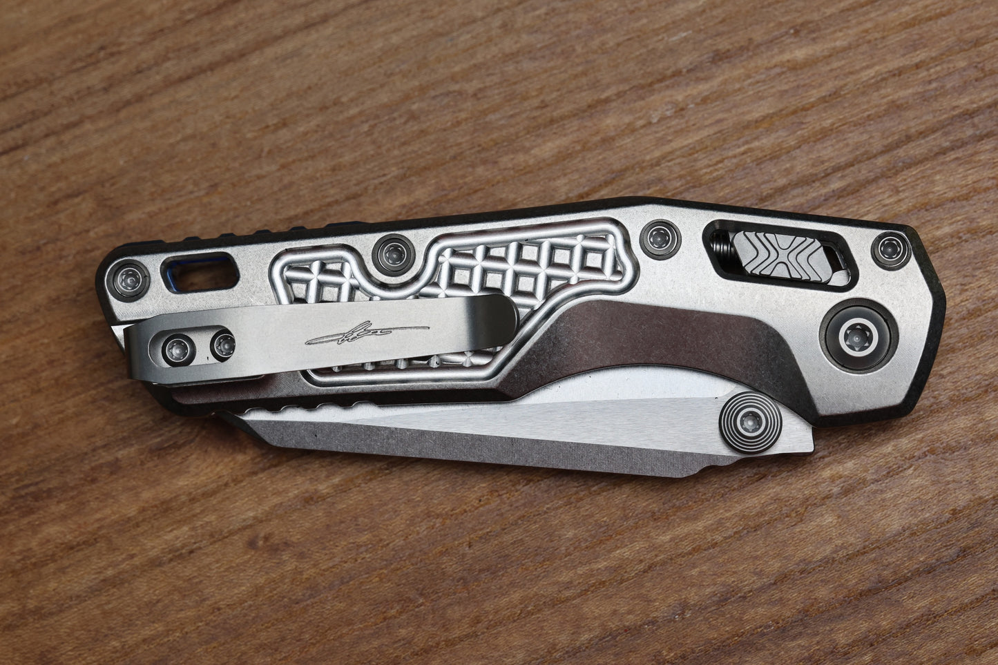 MICROTECH MARFIONE SELECT MSI RAM LOK MINI FLUTED TITANIUM HANDLES W/ BLUE/DOUBLE VAPOR ACCENTS & STONEWASH M390MK 210M-10FRMS3