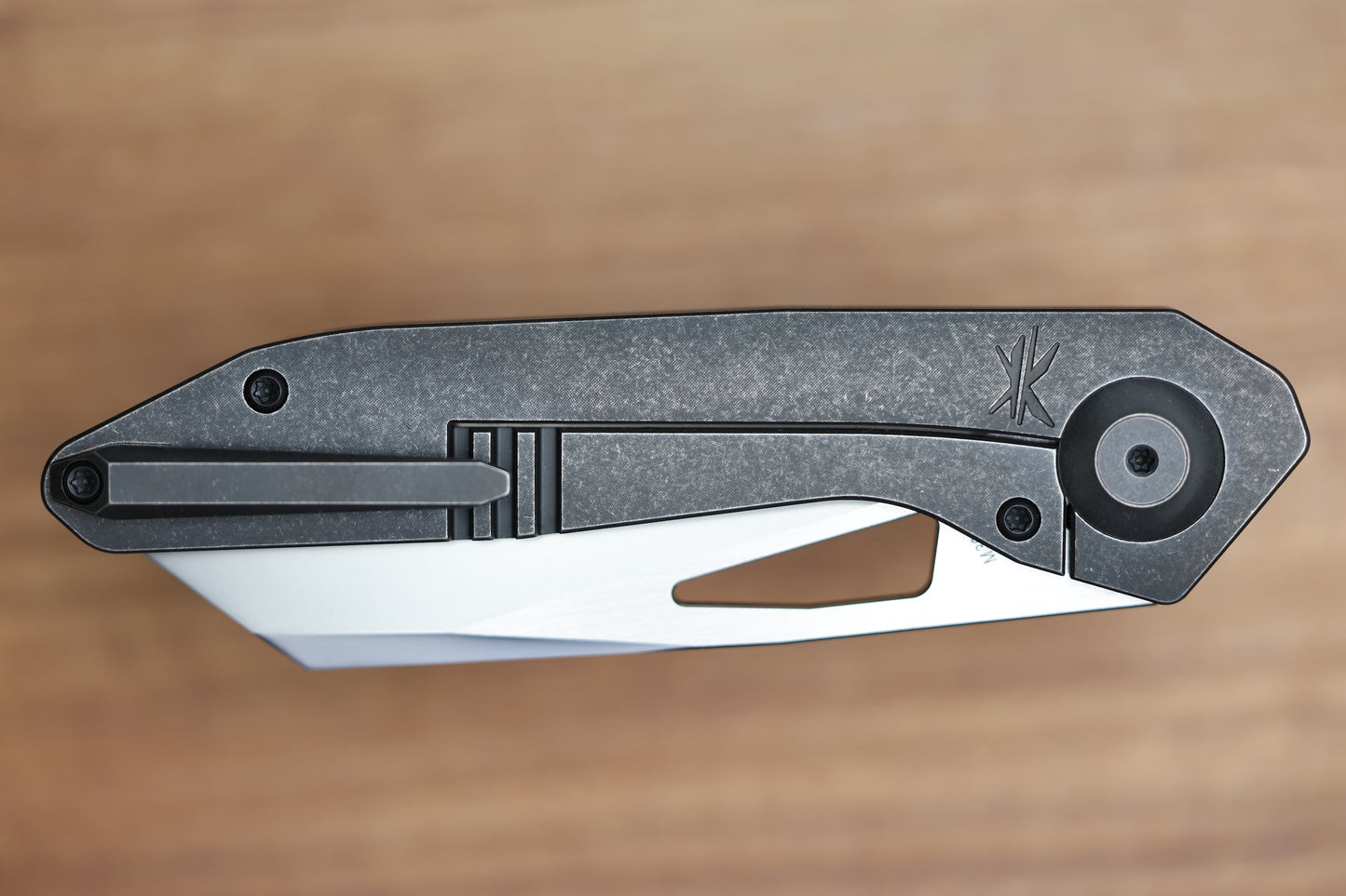 CUSTOM KNIFE FACTORY & KEANISON KNIVES BASSET W/ BLACKWASH TITANIUM HANDLES M398 BLADE