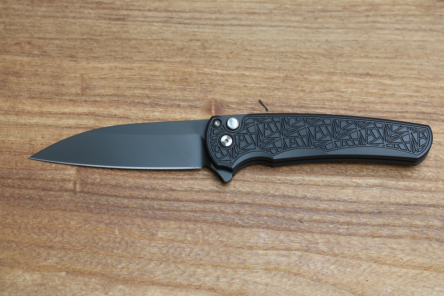 PRO-TECH KNIVES MALIBU FLIPPER - BLADE SHOW ATL 2024 - BLACK HANDLE W/ NEXUS/SINCE 1999 TEXTURE, MOP BUTTON, DLC MAGNACUT WHARNCLIFFE BLADE