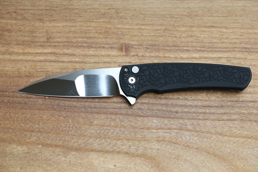 PRO-TECH KNIVES MALIBU FLIPPER CUSTOM 001 - BLACK ALUMINUM "NEXUS" HANDLE, IRIE GROUND WHARNCLIFFE BLADE, BLACK LIP PEARL BUTTON