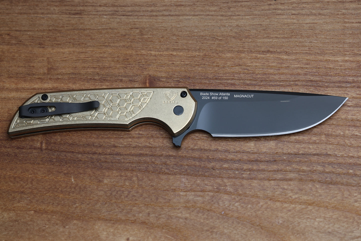 PRO-TECH KNIVES MORDAX - BLADE SHOW ATL 2024 - STONEWASH AL BRONZE "GRIDLOCK" HANDLE, DLC MAGNACUT BLADE, BLACK LIP PEARL BUTTON