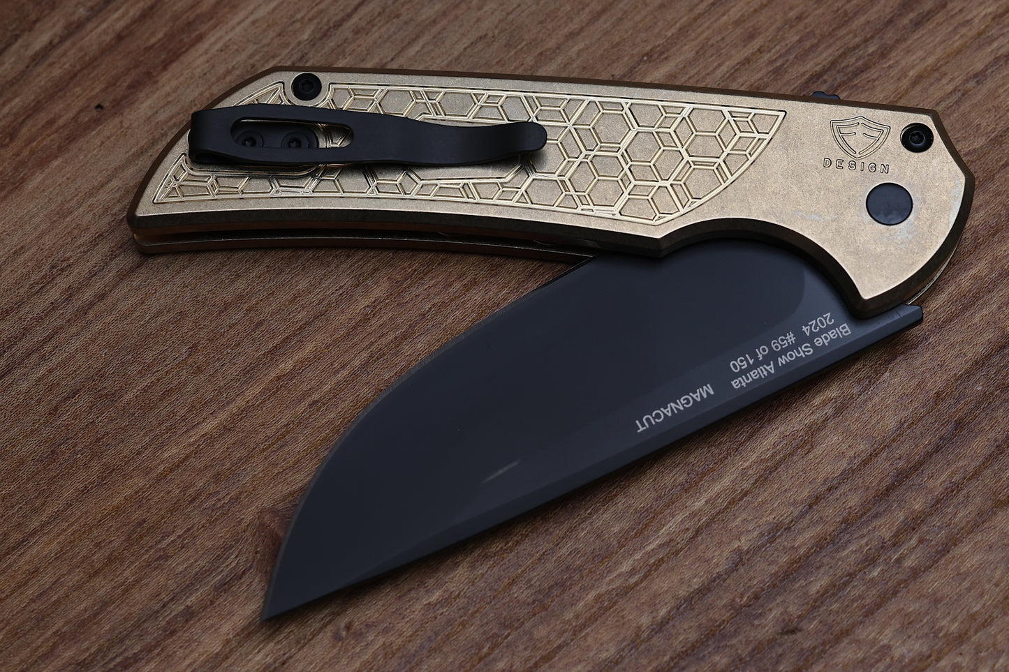 PRO-TECH KNIVES MORDAX - BLADE SHOW ATL 2024 - STONEWASH AL BRONZE "GRIDLOCK" HANDLE, DLC MAGNACUT BLADE, BLACK LIP PEARL BUTTON