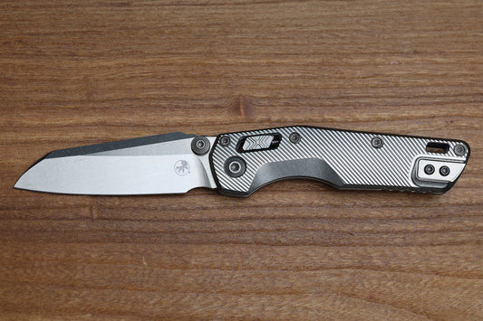 MICROTECH MARFIONE SELECT MSI RAM LOK MINI FLUTED TITANIUM HANDLES W/ DOUBLE VAPOR ACCENTS & BLUE ACCENTS & STONEWASH M390MK 210M-10FLMS3