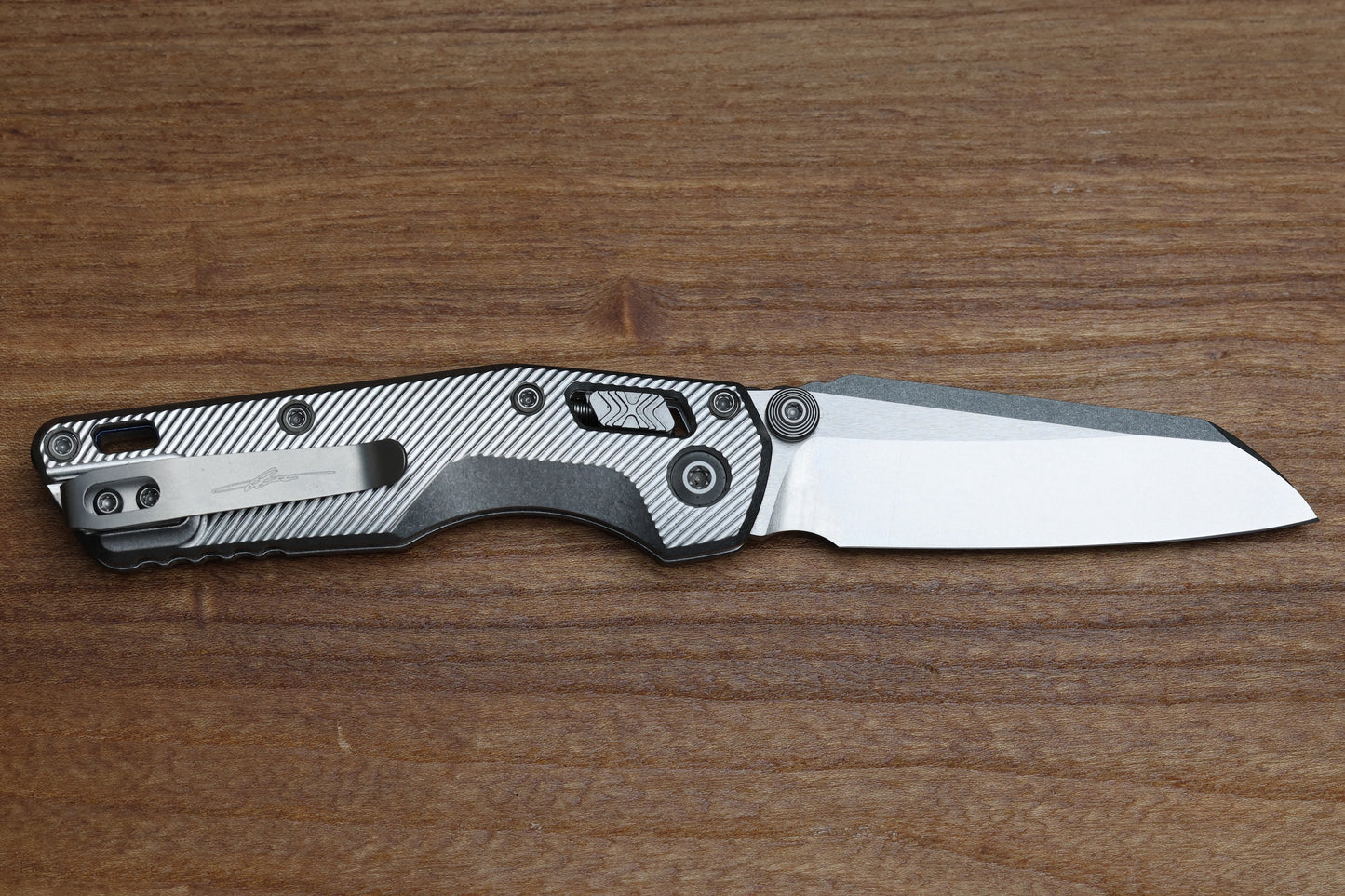 MICROTECH MARFIONE SELECT MSI RAM LOK MINI FLUTED TITANIUM HANDLES W/ DOUBLE VAPOR ACCENTS & BLUE ACCENTS & STONEWASH M390MK 210M-10FLMS3