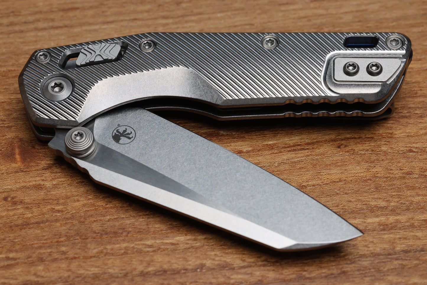 MICROTECH MARFIONE SELECT MSI RAM LOK MINI FLUTED TITANIUM HANDLES W/ DOUBLE VAPOR ACCENTS & BLUE ACCENTS & STONEWASH M390MK 210M-10FLMS3