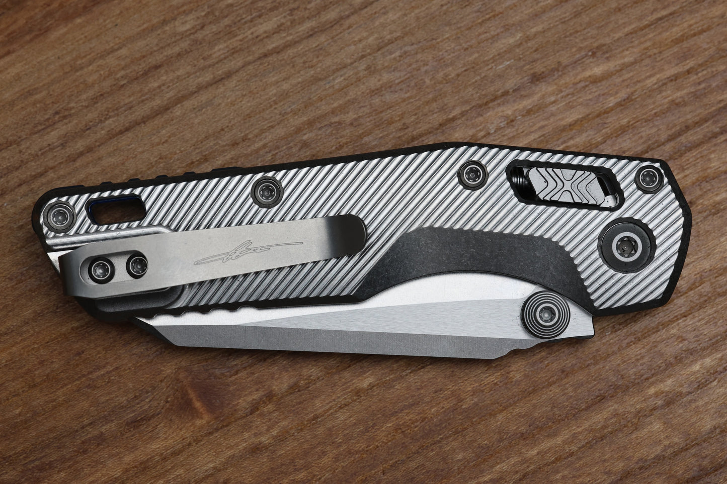 MICROTECH MARFIONE SELECT MSI RAM LOK MINI FLUTED TITANIUM HANDLES W/ DOUBLE VAPOR ACCENTS & BLUE ACCENTS & STONEWASH M390MK 210M-10FLMS3