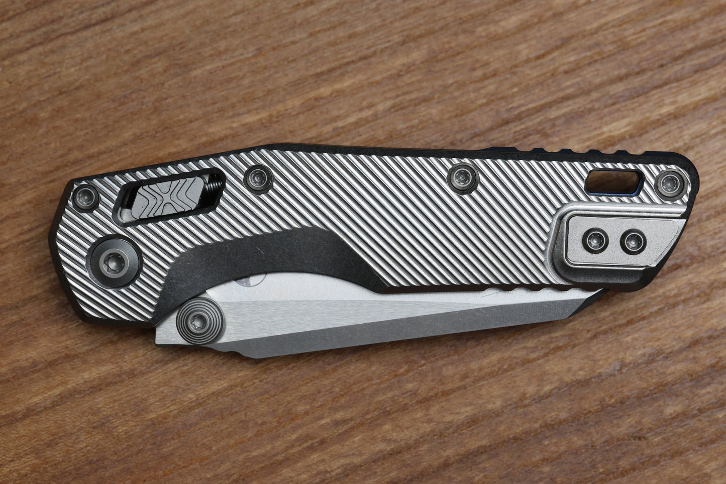 MICROTECH MARFIONE SELECT MSI RAM LOK MINI FLUTED TITANIUM HANDLES W/ DOUBLE VAPOR ACCENTS & BLUE ACCENTS & STONEWASH M390MK 210M-10FLMS3