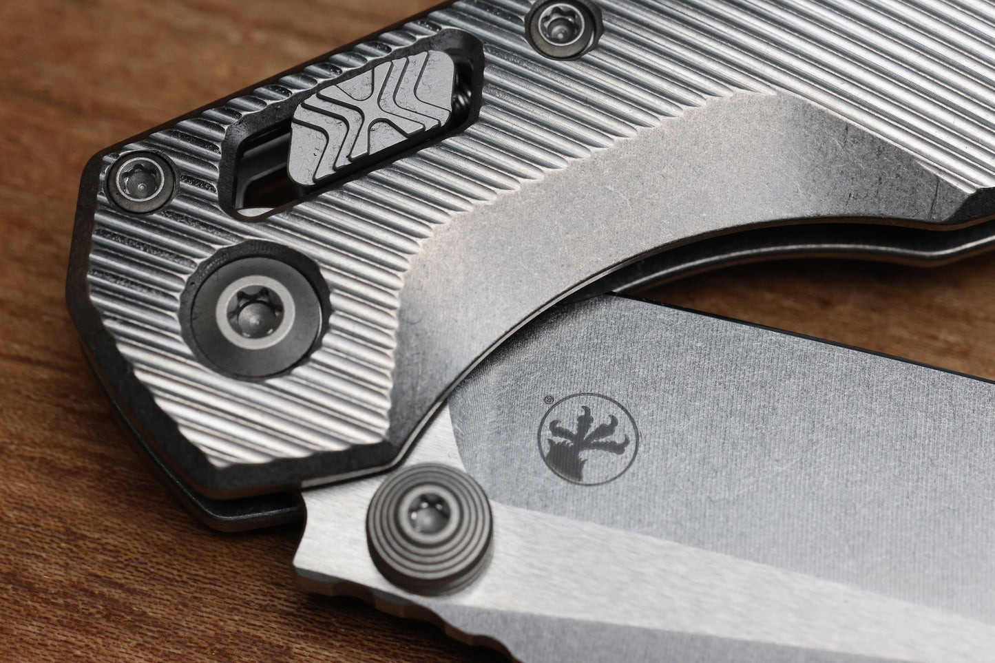 MICROTECH MARFIONE SELECT MSI RAM LOK MINI FLUTED TITANIUM HANDLES W/ DOUBLE VAPOR ACCENTS & BLUE ACCENTS & STONEWASH M390MK 210M-10FLMS3