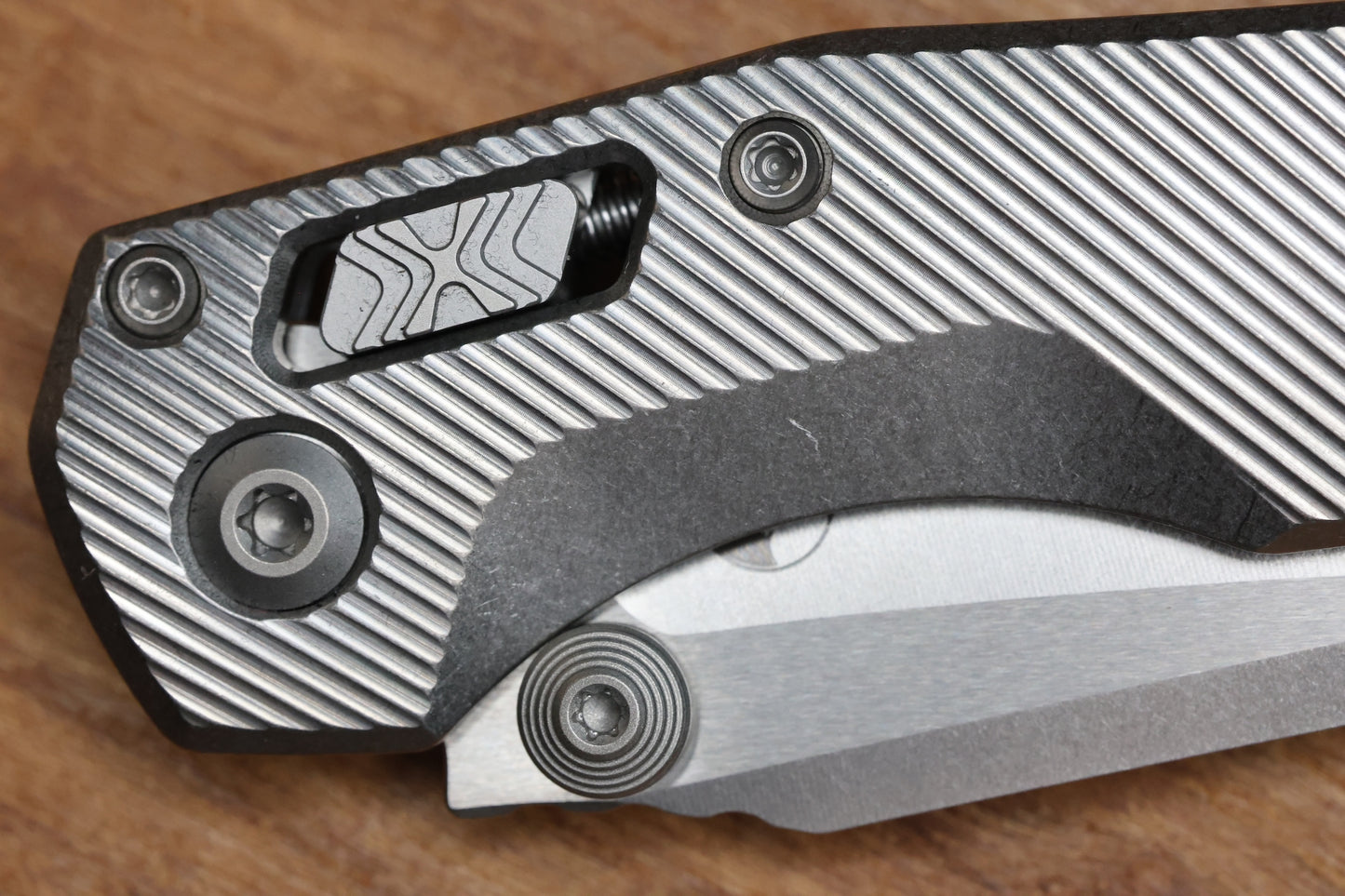 MICROTECH MARFIONE SELECT MSI RAM LOK MINI FLUTED TITANIUM HANDLES W/ DOUBLE VAPOR ACCENTS & BLUE ACCENTS & STONEWASH M390MK 210M-10FLMS3