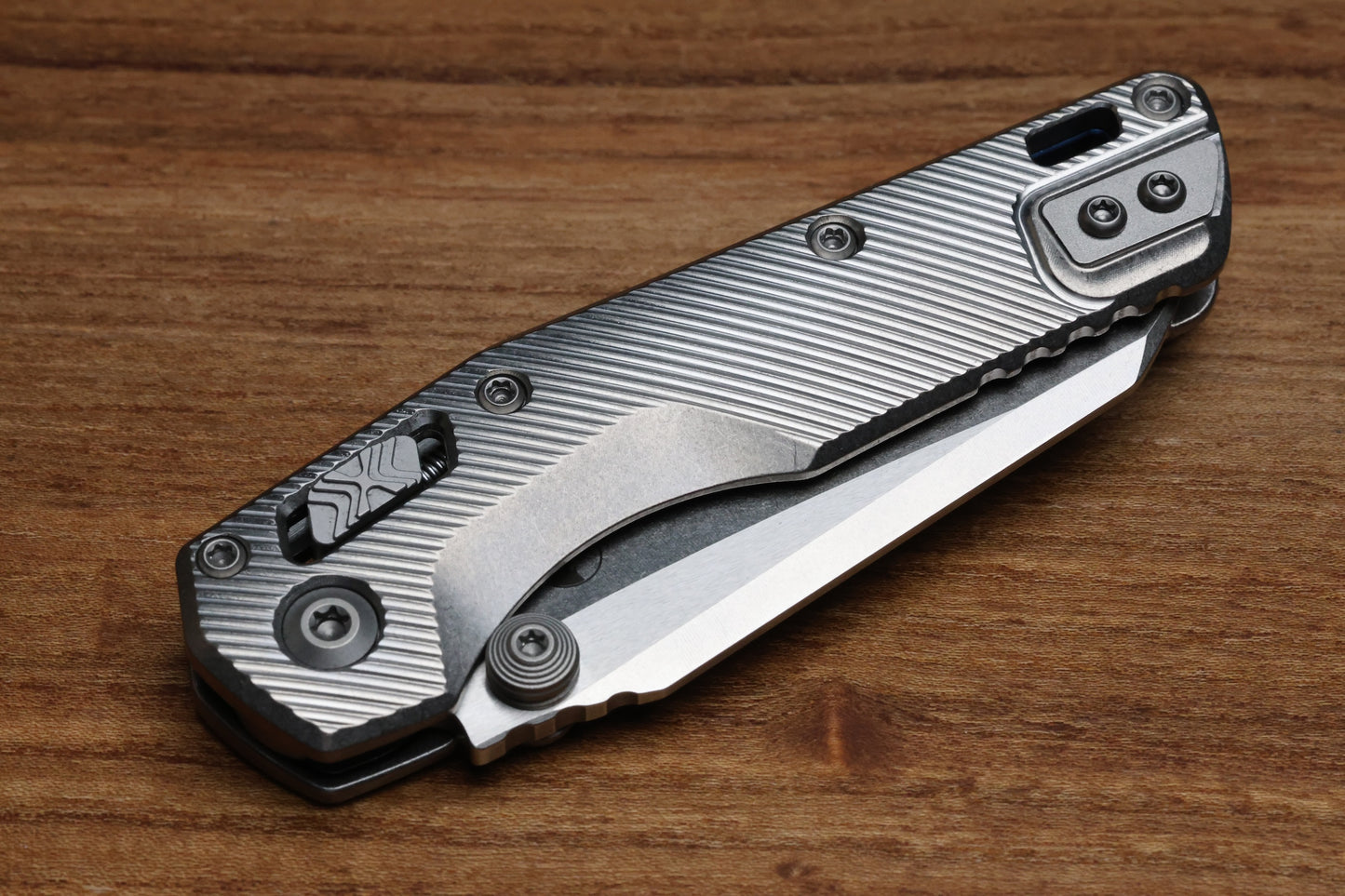 MICROTECH MARFIONE SELECT MSI RAM LOK MINI FLUTED TITANIUM HANDLES W/ DOUBLE VAPOR ACCENTS & BLUE ACCENTS & STONEWASH M390MK 210M-10FLMS3