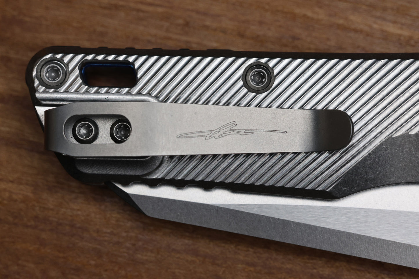 MICROTECH MARFIONE SELECT MSI RAM LOK MINI FLUTED TITANIUM HANDLES W/ DOUBLE VAPOR ACCENTS & BLUE ACCENTS & STONEWASH M390MK 210M-10FLMS3