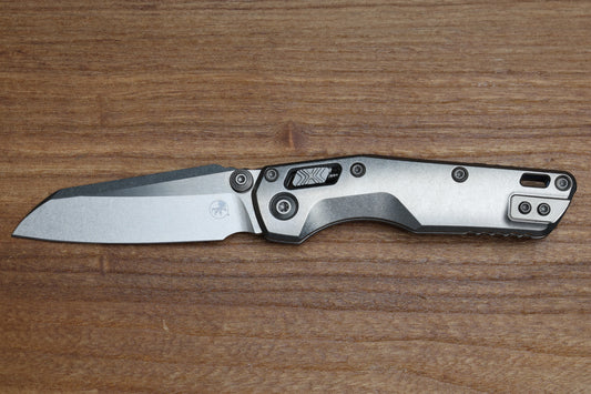 MICROTECH MARFIONE SELECT MSI RAM LOK MINI SLAB SIDE TITANIUM HANDLES W/ DOUBLE VAPOR ACCENTS & BLUE ACCENTS & STONEWASH M390MK 210M-10MS3