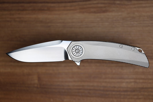 SKIFF MADE BLADES FUGITIVE MILLED TITANIUM SCALES TITANIUM HARDWARE SATIN CPM154 BLADE #227 (PREOWNED)