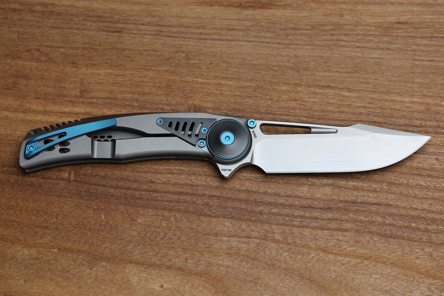 REATE KNIVES GTR TITANIUM INTEGRAL BEAD BLAST W/ ZIRCONIUM ACCENTS W/ BLUE HARDWARE & HAND SATIN M390