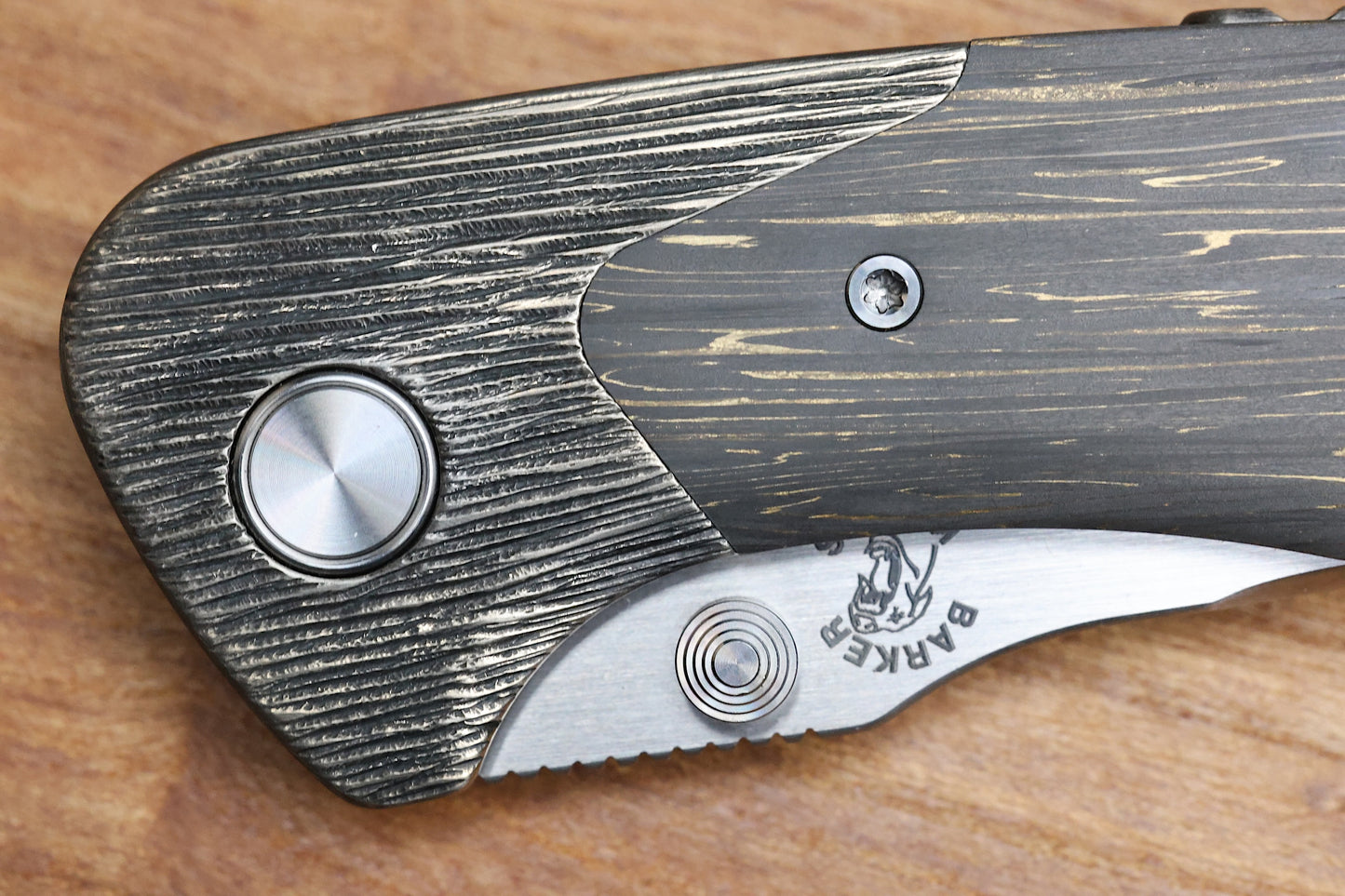 MECHFORCE & BARKER KNIVES COLLAB HOKKAIDO W/ TREE BARK TITANIUM & CF LIGHTNING FAT CARBON HANDLE & MAGNACUT