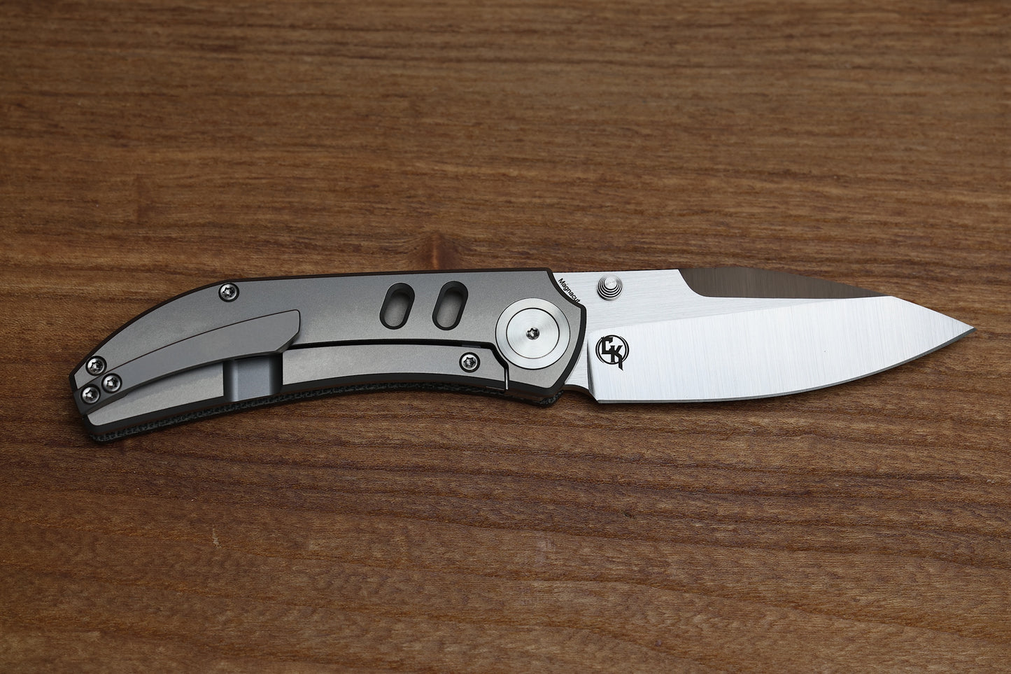 YAN’S CHEVRON- TITANIUM FRONT FLIPPER WITH BLACK MICARTA THUMB STUD