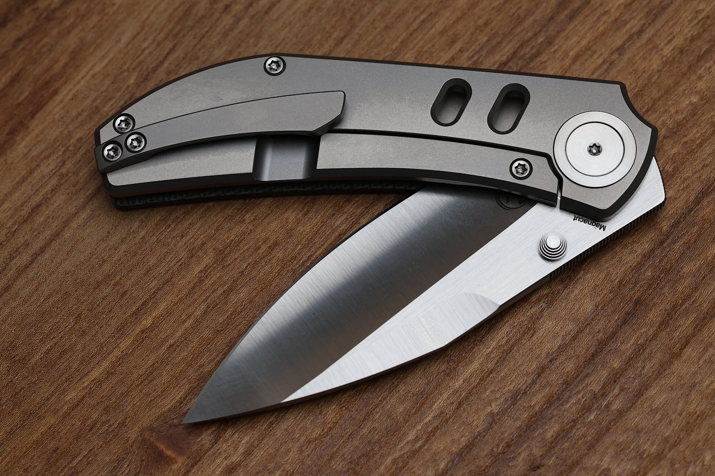 YAN’S CHEVRON- TITANIUM FRONT FLIPPER WITH BLACK MICARTA THUMB STUD