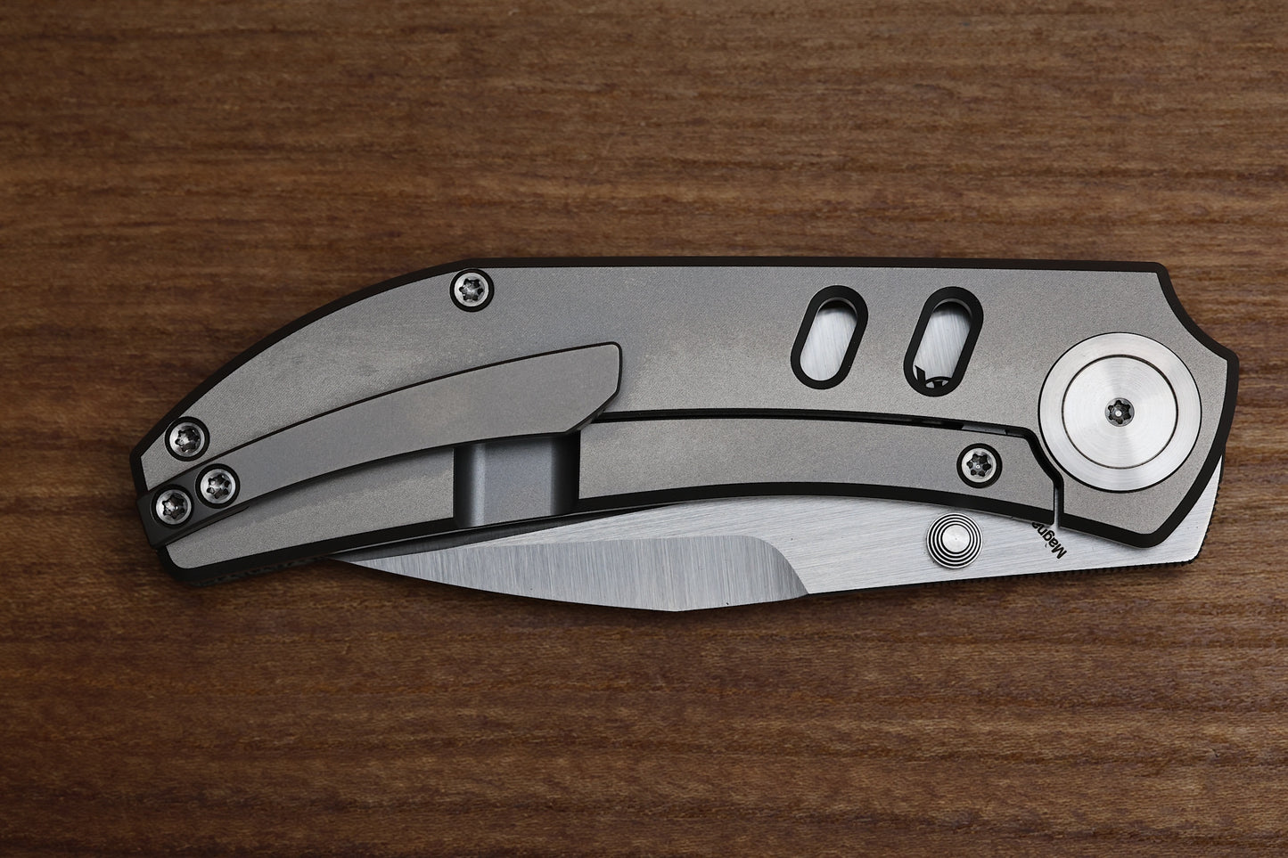 YAN’S CHEVRON- TITANIUM FRONT FLIPPER WITH BLACK MICARTA THUMB STUD