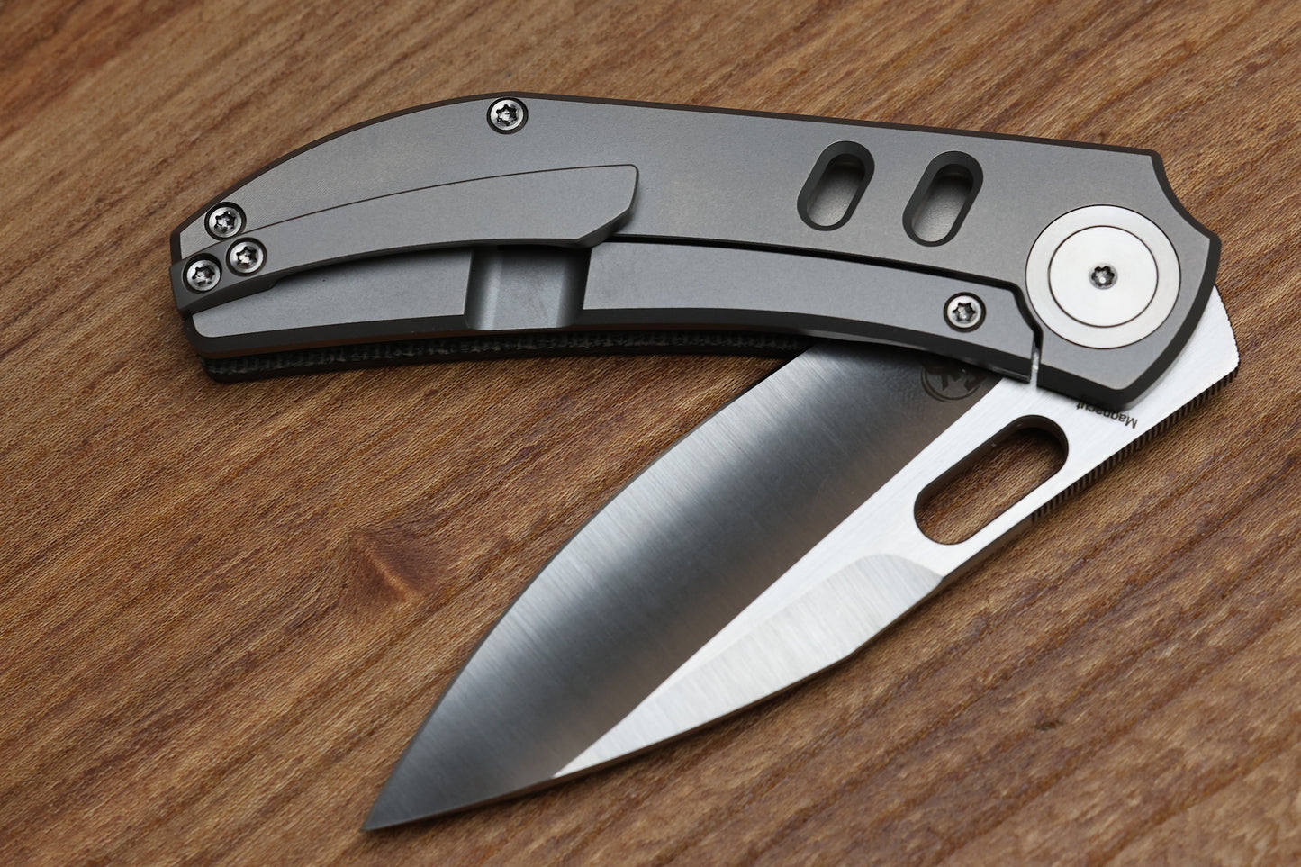 YAN’S CHEVRON- TITANIUM FRONT FLIPPER WITH BLACK MICARTA THUMB HOLE