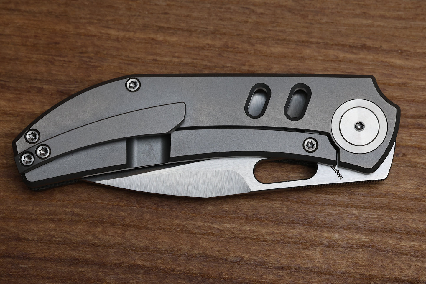 YAN’S CHEVRON- TITANIUM FRONT FLIPPER WITH BLACK MICARTA THUMB HOLE