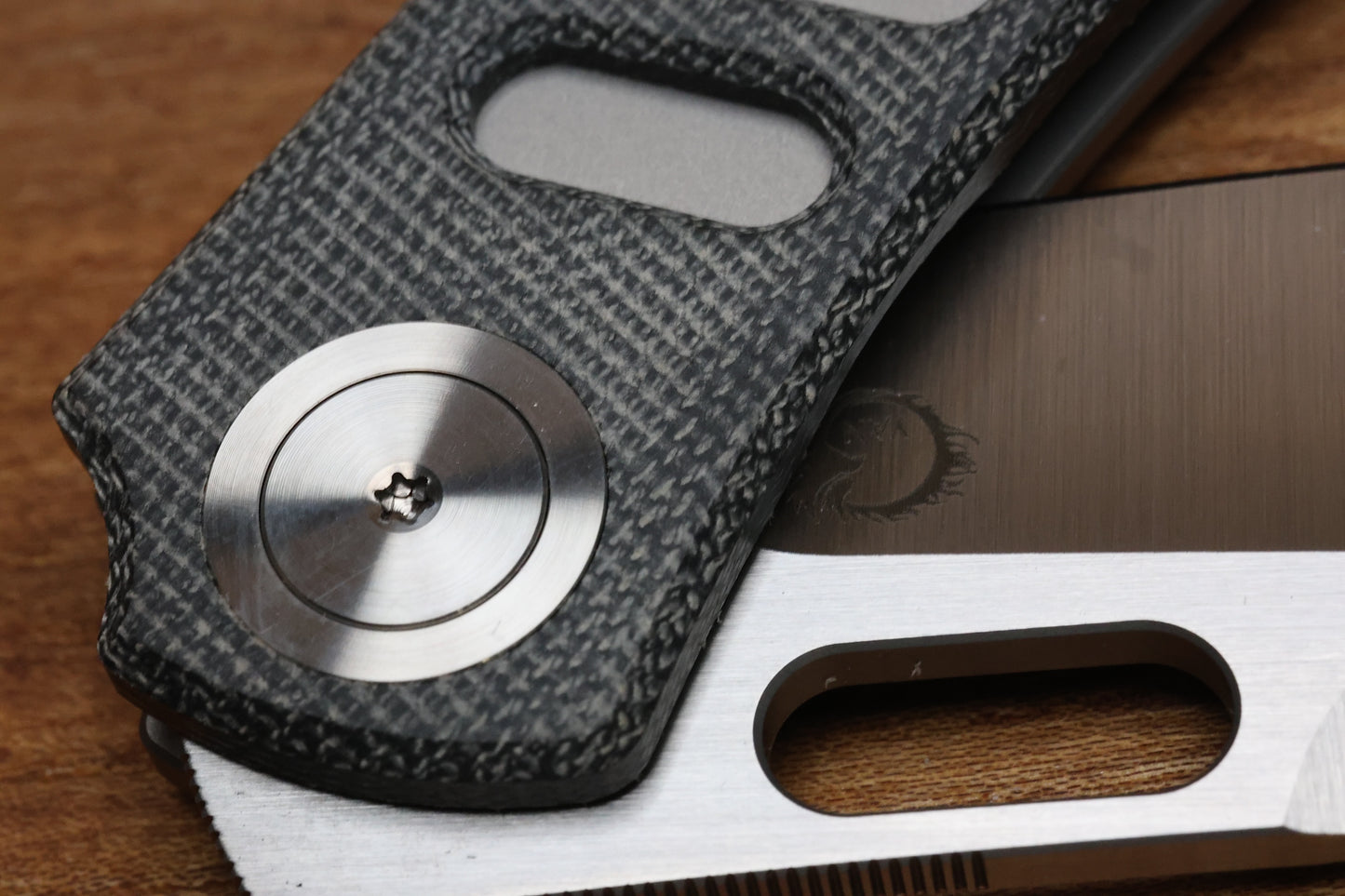 YAN’S CHEVRON- TITANIUM FRONT FLIPPER WITH BLACK MICARTA THUMB HOLE