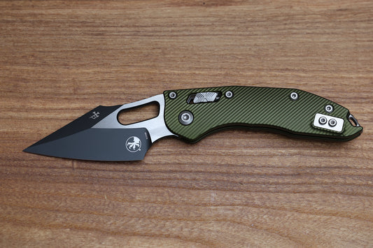 MICROTECH KNIVES MANUAL STITCH RAM LOK FLUTED ALUMINUM OD GREEN STANDARD & BLACK M390MK 169RL-1 FLOD