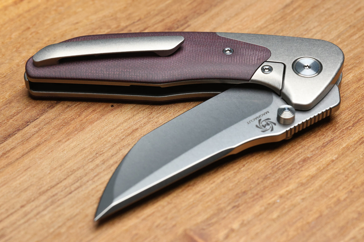 MECHFORCE & BARKER KNIVES COLLAB HOKKAIDO W/ TITANIUM & BURGUNDY MICARTA HANDLE & MAGNACUT