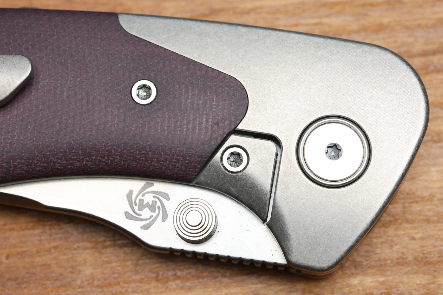 MECHFORCE & BARKER KNIVES COLLAB HOKKAIDO W/ TITANIUM & BURGUNDY MICARTA HANDLE & MAGNACUT