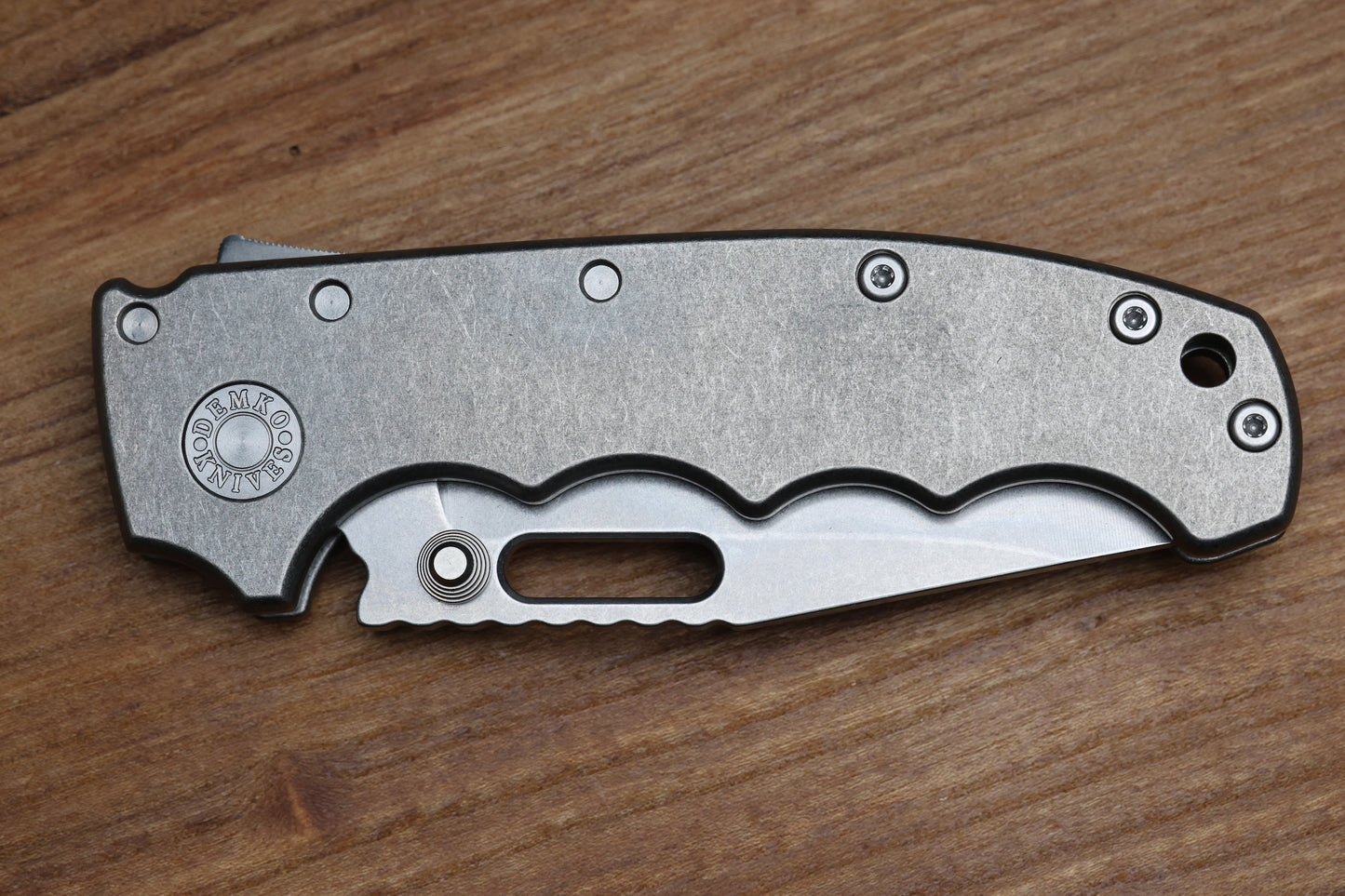 DEMKO KNIVES MG AD20 FG SMOOTH FINGER GROOVED TITANIUM HANDLES STONEWASH CLIP POINT CPM-3V BLADE