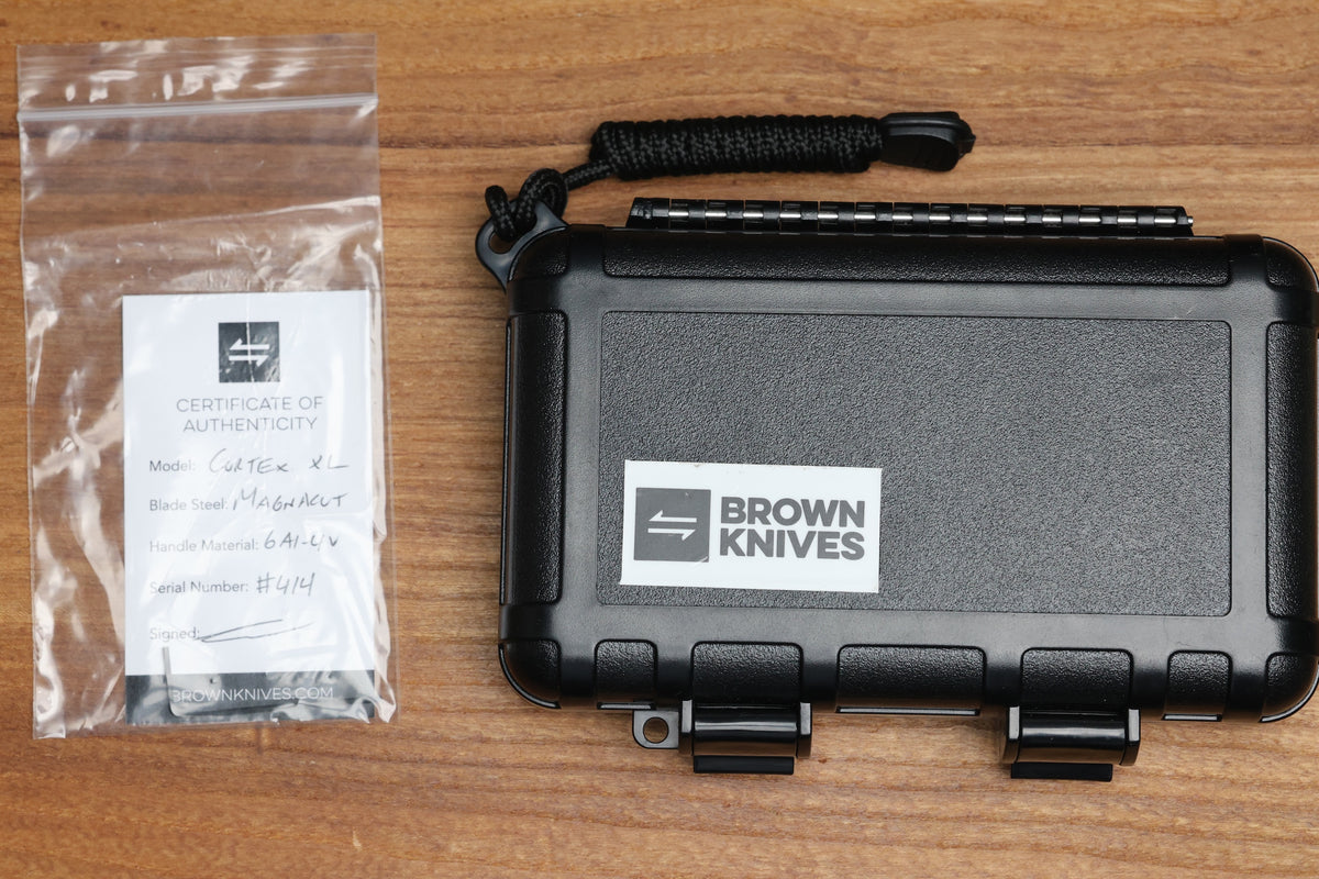 BROWN KNIVES CORTEX XL MILLED PATTERN TITANIUM AND HOLLOW GROUND SATIN MAGNACUT BLADE #414 (PREOWNED)
