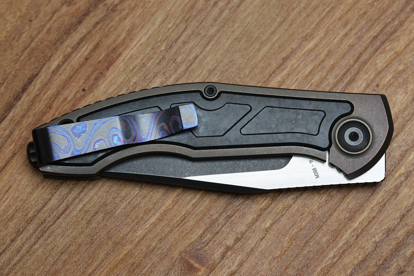 CUSTOM KNIFE FACTORY VEKSHA HD CARBON FIBER & BRONZE TITANIUM HANDLES W/ TWO TONE M398