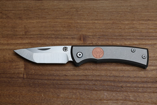 CHAVES KNIVES REDENCION SLIP JOINT - STONEWASH TITANIUM HANDLE - COPPER INLAY - BELT SATIN M390 TANTO BLADE