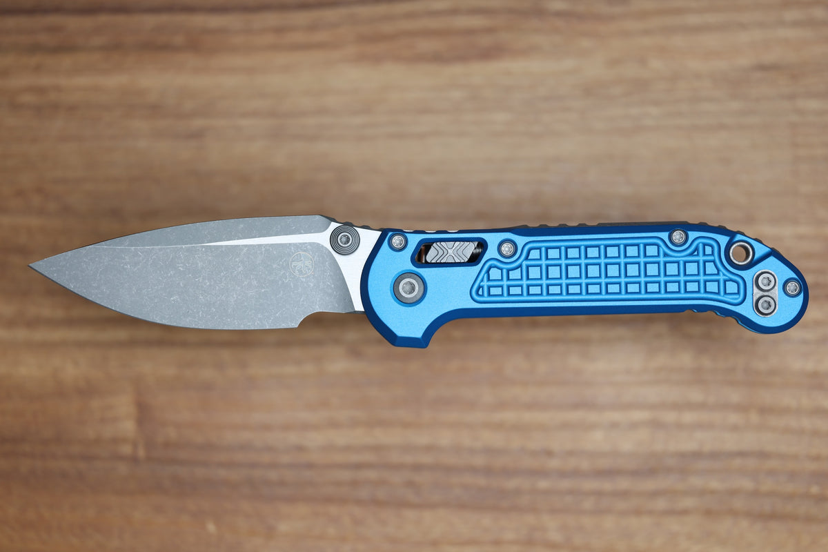 MICROTECH KNIVES LUDT RAM-LOK W/ BLUE FRAG HANDLE & APOCALYPTIC DROP POINT 1135RL-10APFRBL