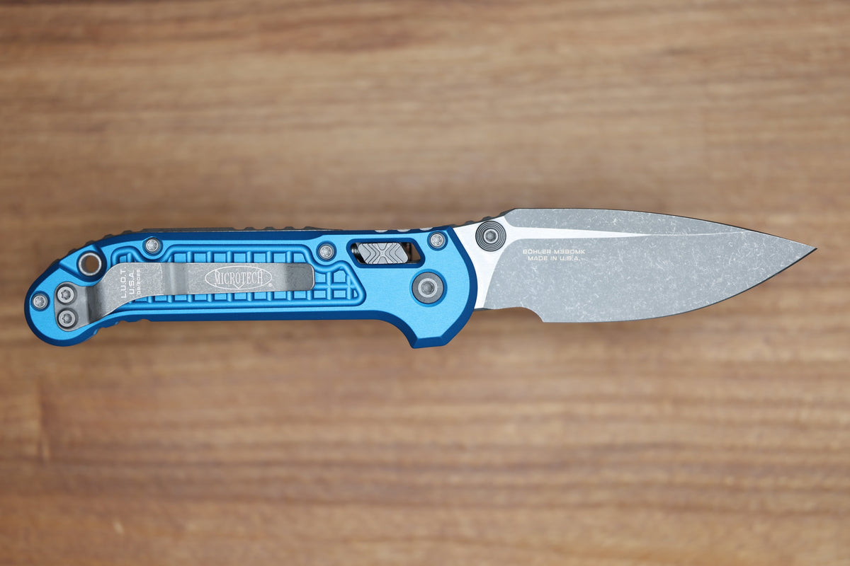MICROTECH KNIVES LUDT RAM-LOK W/ BLUE FRAG HANDLE & APOCALYPTIC DROP POINT 1135RL-10APFRBL