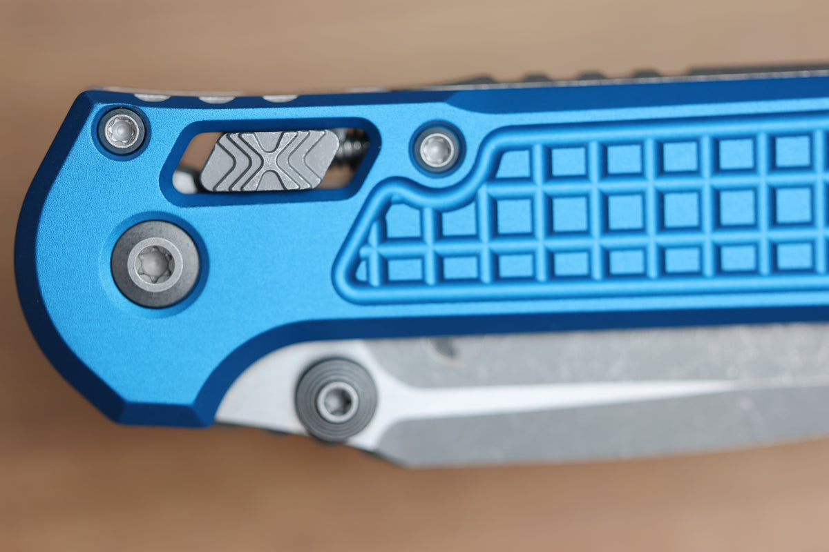 MICROTECH KNIVES LUDT RAM-LOK W/ BLUE FRAG HANDLE & APOCALYPTIC DROP POINT 1135RL-10APFRBL