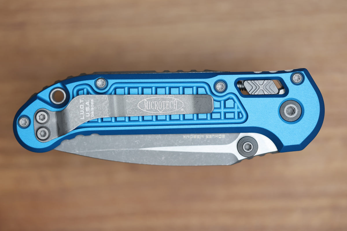 MICROTECH KNIVES LUDT RAM-LOK W/ BLUE FRAG HANDLE & APOCALYPTIC DROP POINT 1135RL-10APFRBL