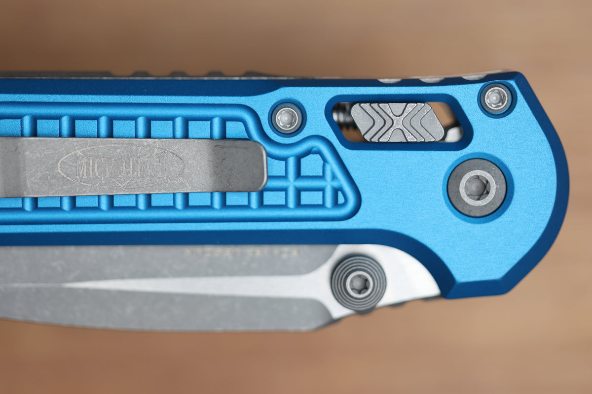 MICROTECH KNIVES LUDT RAM-LOK W/ BLUE FRAG HANDLE & APOCALYPTIC DROP POINT 1135RL-10APFRBL