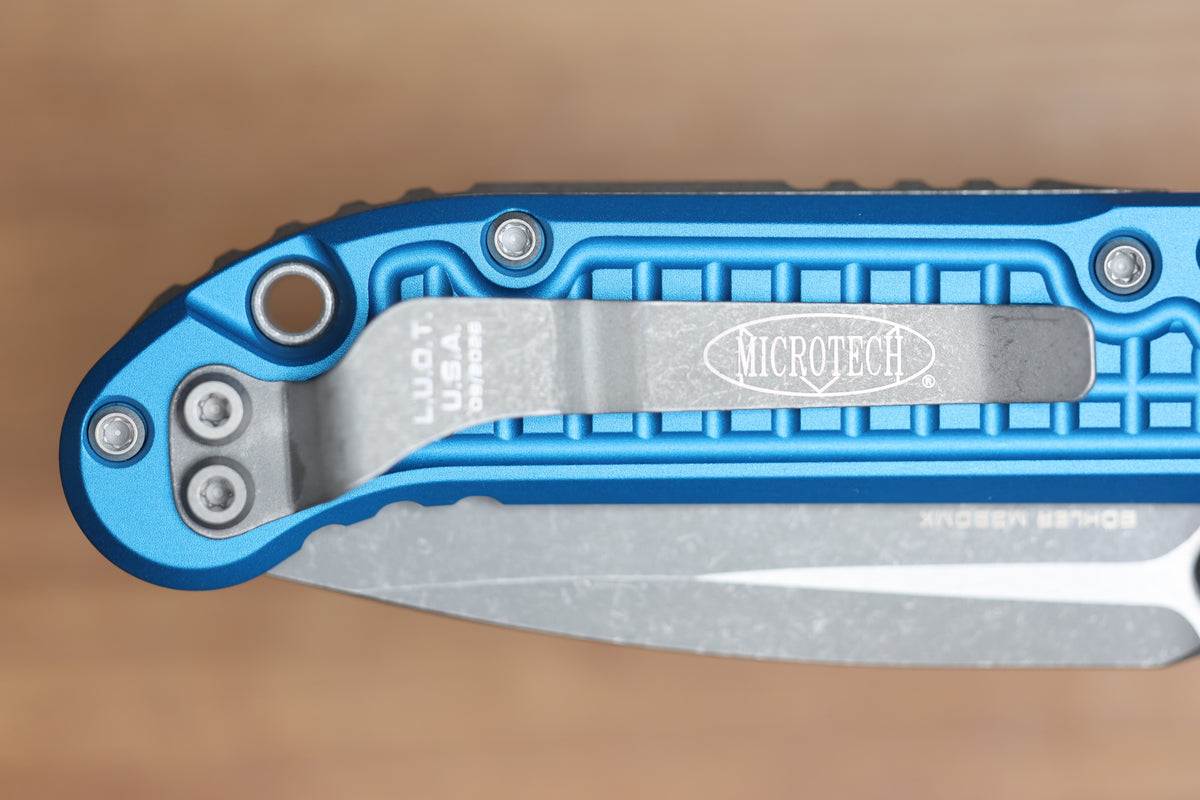 MICROTECH KNIVES LUDT RAM-LOK W/ BLUE FRAG HANDLE & APOCALYPTIC DROP POINT 1135RL-10APFRBL