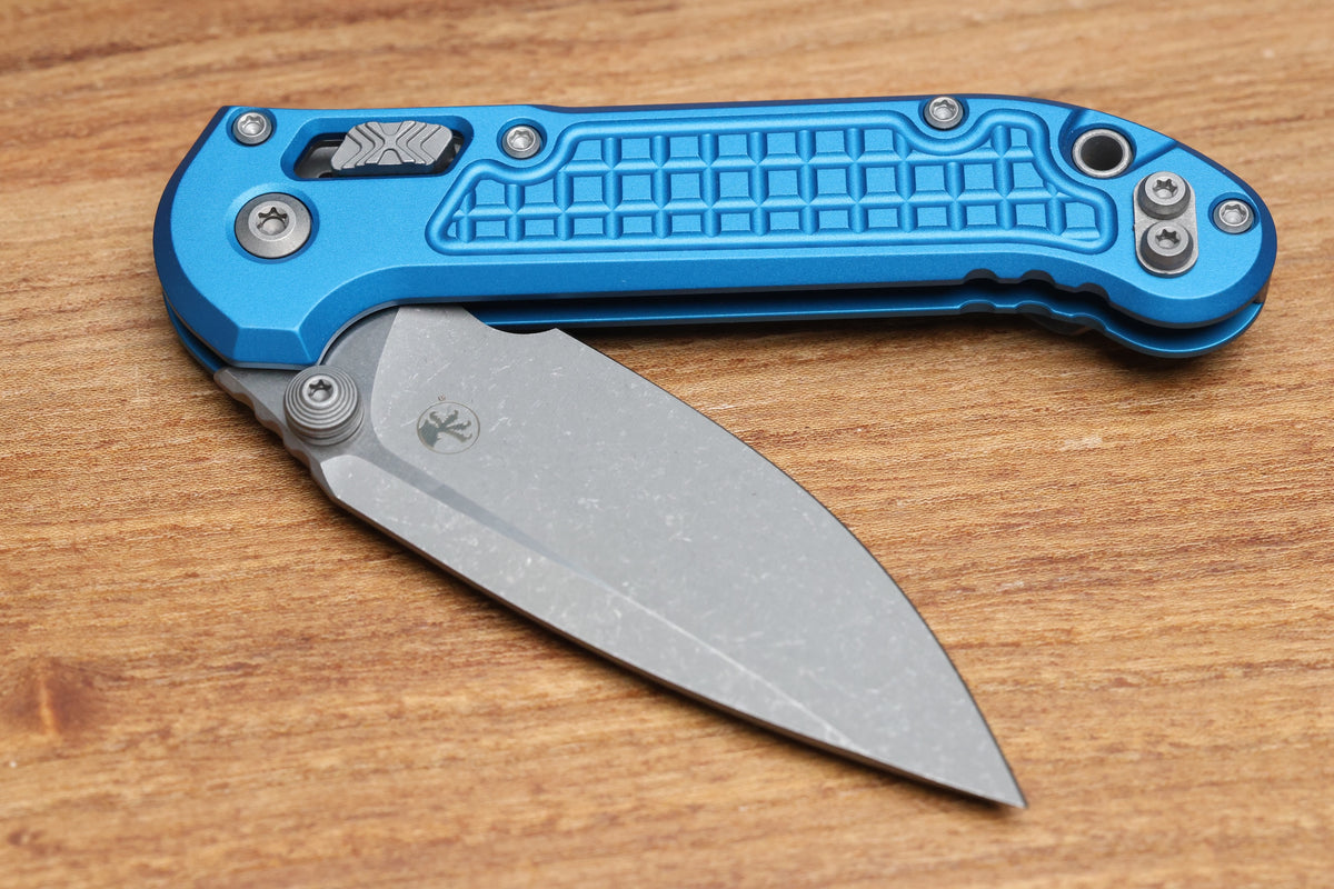 MICROTECH KNIVES LUDT RAM-LOK W/ BLUE FRAG HANDLE & APOCALYPTIC DROP POINT 1135RL-10APFRBL