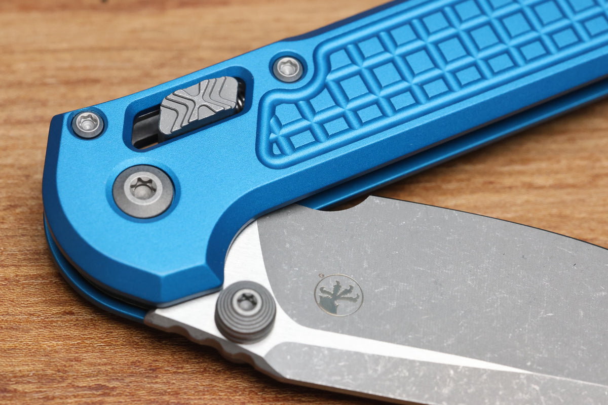 MICROTECH KNIVES LUDT RAM-LOK W/ BLUE FRAG HANDLE & APOCALYPTIC DROP POINT 1135RL-10APFRBL