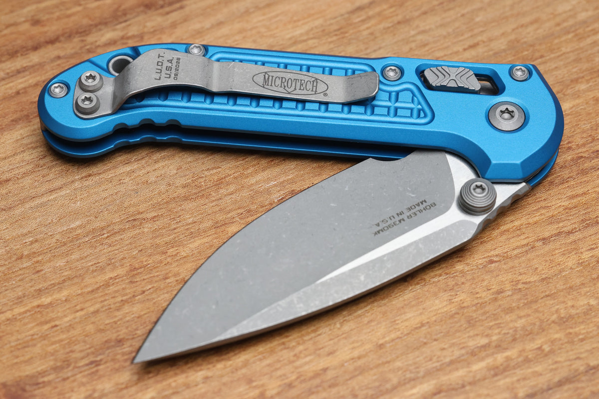 MICROTECH KNIVES LUDT RAM-LOK W/ BLUE FRAG HANDLE & APOCALYPTIC DROP POINT 1135RL-10APFRBL