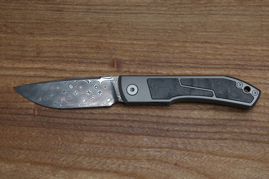 ULDANOV CUSTOM KNIVES SIERRA W/ MILLED TITANIUM/CARBON FIBER INLAYS & DAMASCUS FRONT FLIPPER