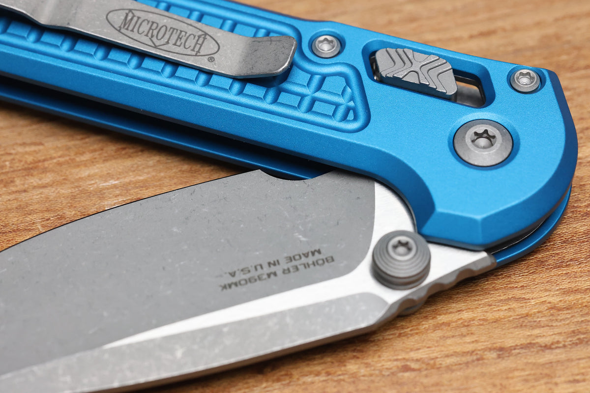 MICROTECH KNIVES LUDT RAM-LOK W/ BLUE FRAG HANDLE & APOCALYPTIC DROP POINT 1135RL-10APFRBL
