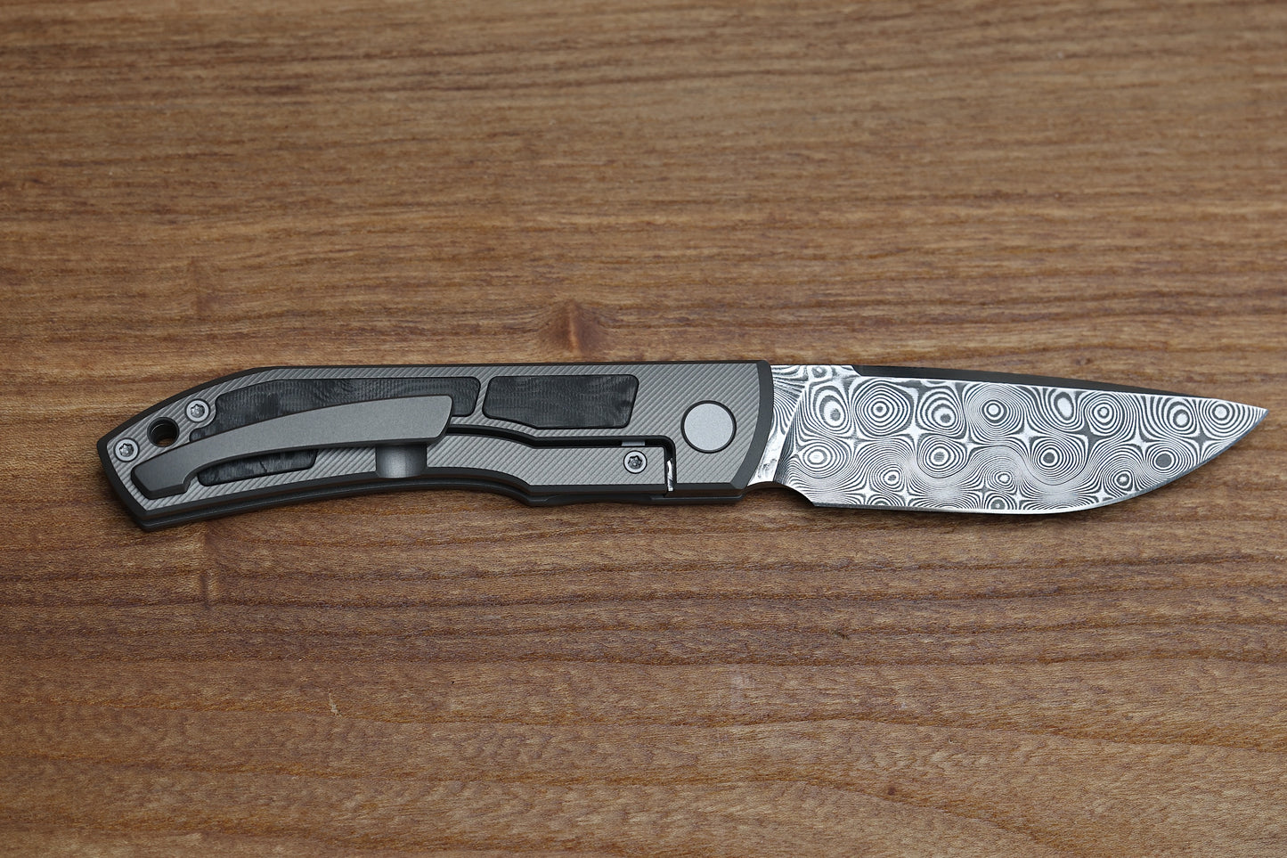 ULDANOV CUSTOM KNIVES SIERRA W/ MILLED TITANIUM/CARBON FIBER INLAYS & DAMASCUS FRONT FLIPPER