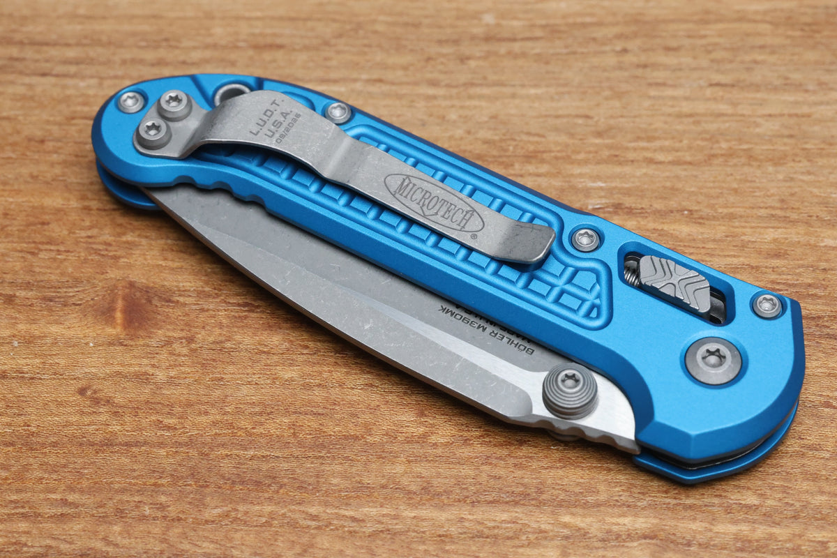 MICROTECH KNIVES LUDT RAM-LOK W/ BLUE FRAG HANDLE & APOCALYPTIC DROP POINT 1135RL-10APFRBL