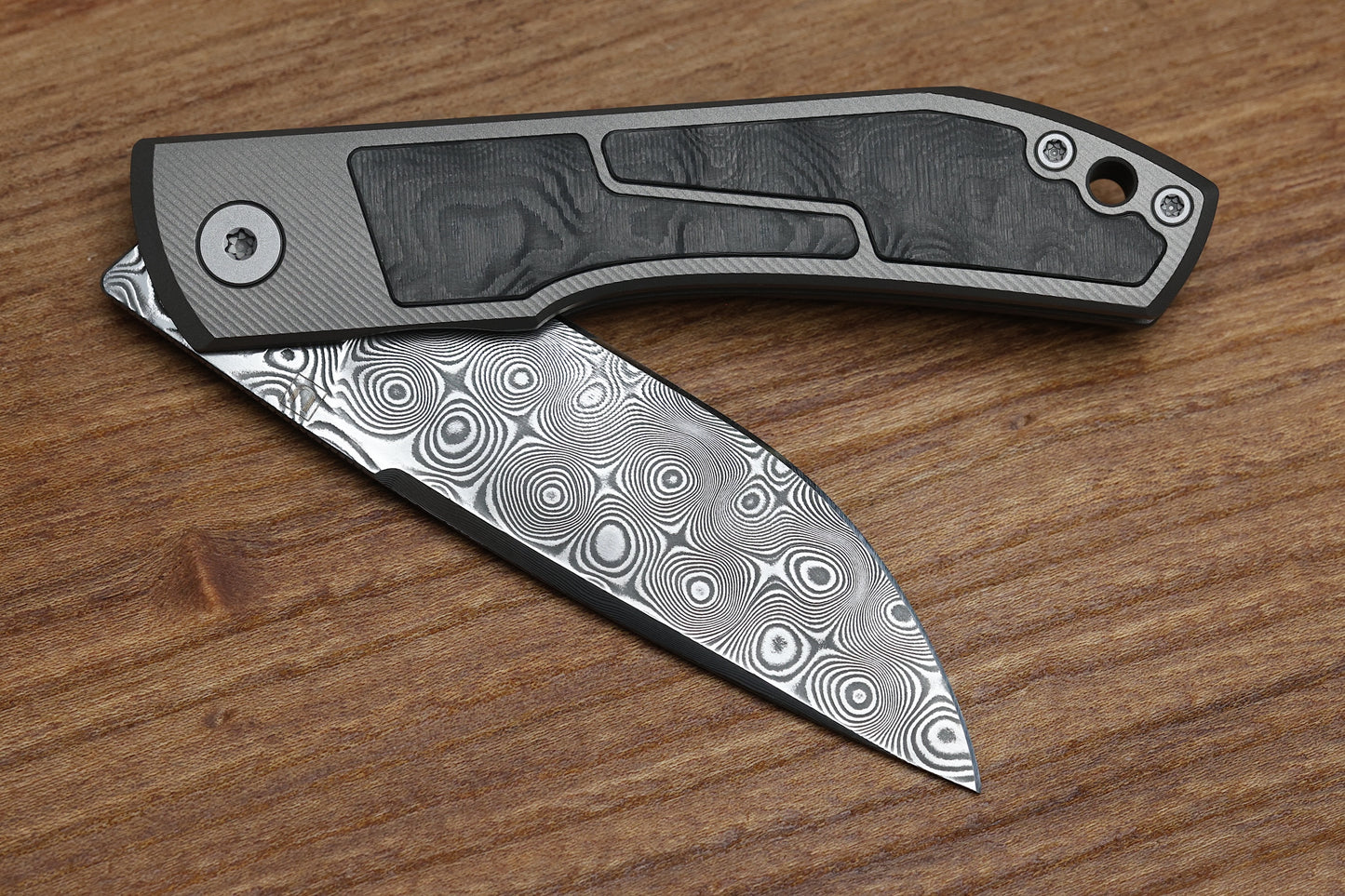 ULDANOV CUSTOM KNIVES SIERRA W/ MILLED TITANIUM/CARBON FIBER INLAYS & DAMASCUS FRONT FLIPPER