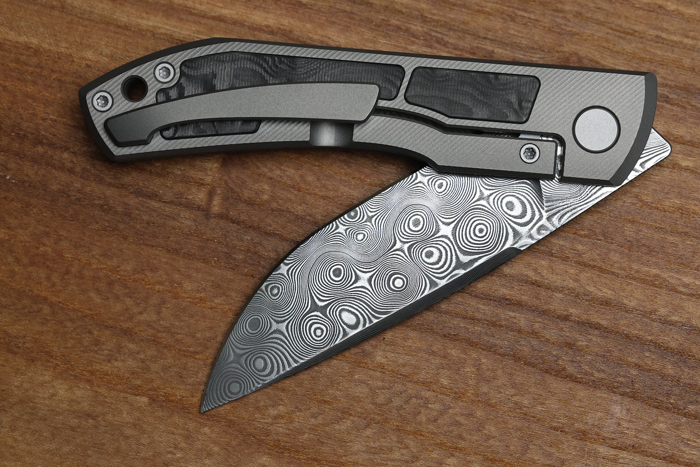 ULDANOV CUSTOM KNIVES SIERRA W/ MILLED TITANIUM/CARBON FIBER INLAYS & DAMASCUS FRONT FLIPPER