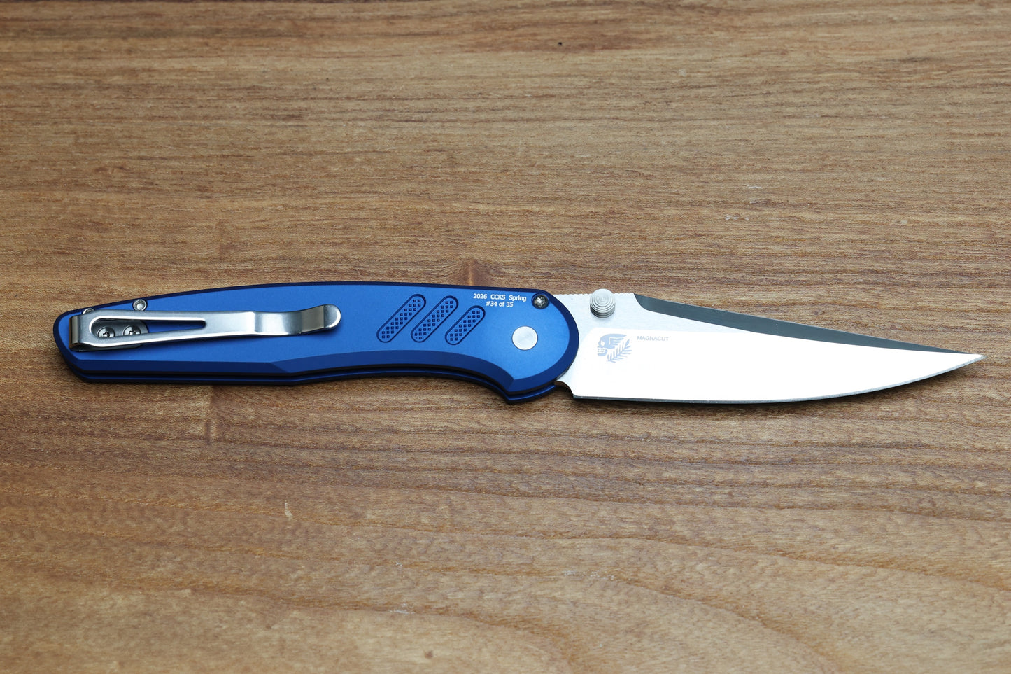 PRO-TECH KNIVES PEACE NEIGHBOR AVALON TEXTURED BLUE ALUMINUM HANDLE MACHINED SATIN MAGNACUT BLADE 2026 CCK SPRING.1