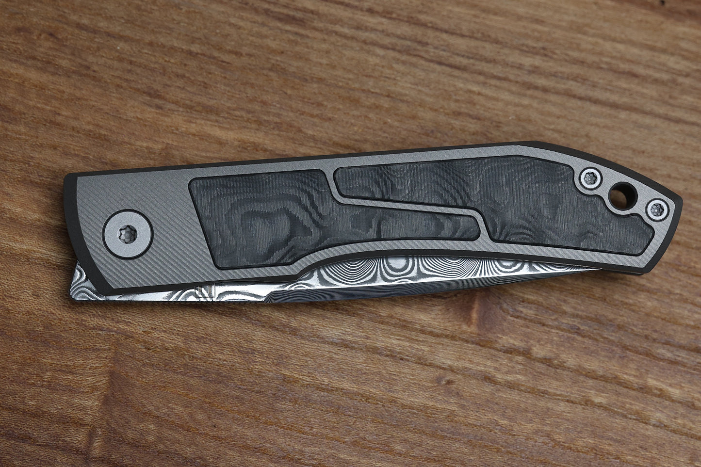 ULDANOV CUSTOM KNIVES SIERRA W/ MILLED TITANIUM/CARBON FIBER INLAYS & DAMASCUS FRONT FLIPPER